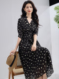 Polka Dot 100% Silk Midi Dress for Women V - Neck Long Sleeve Silk Dress Black XS