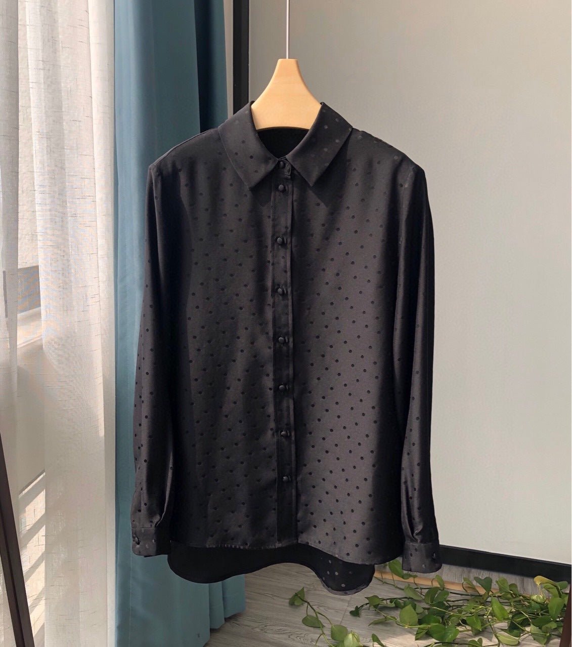 Polka Dots Silk Blouses for Women Long Sleeve Silk Blouse Jacquard Silk Shirt Black S