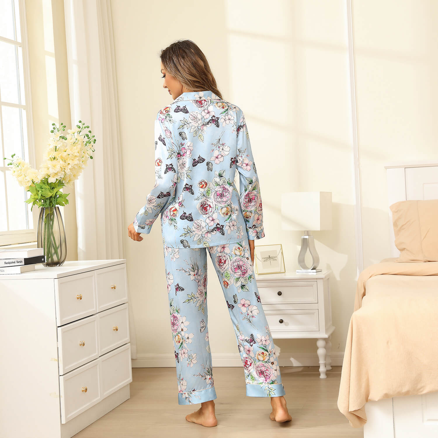 Luxury Print Silk Pajamas Floral Butterfly Silk Pajamas Set