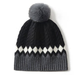 Pure Cashmere Hat with Fur Pom Cashmere Knitted Beanie for Women