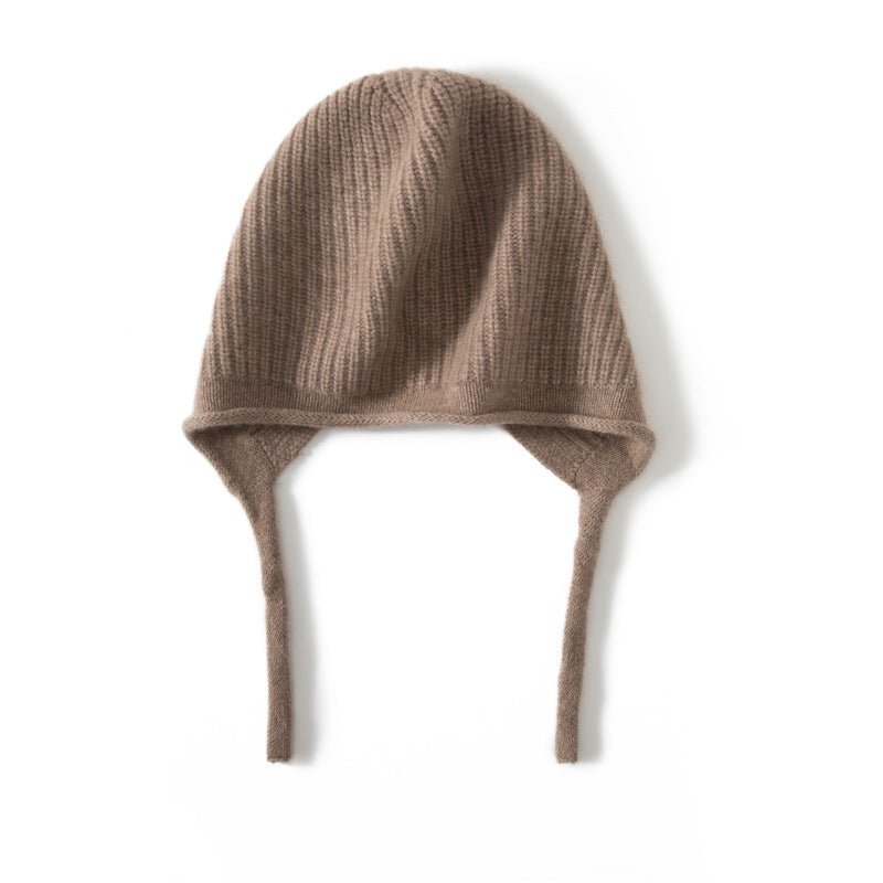 Ribbed Cashmere Earflap Hat with Ties Warm Cashmere Beanie for Women