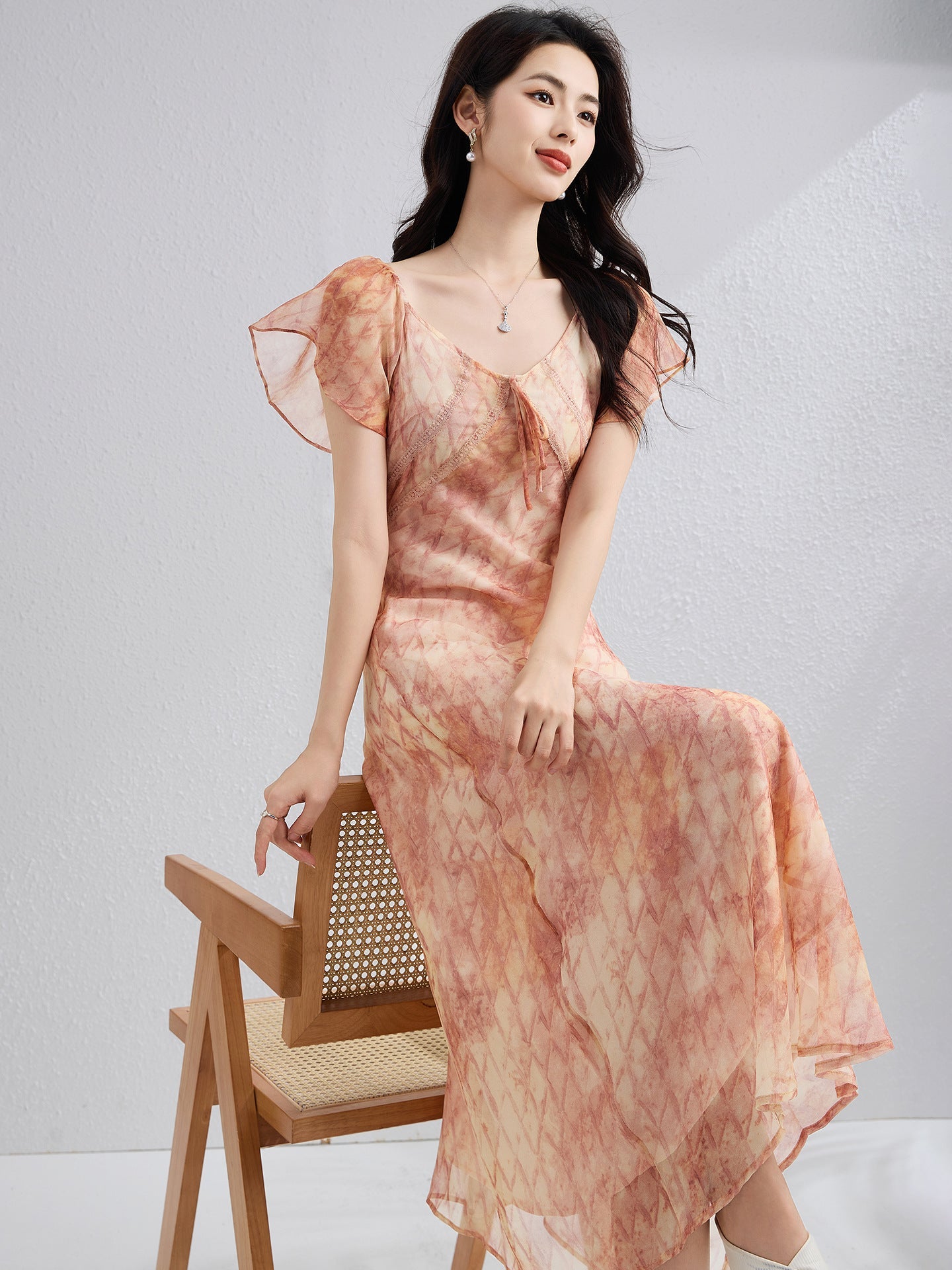 Romantic Puff Sleeve Summer Silk Dress Silk Maxi Dress for Women Silk Floral Dress Pink XS