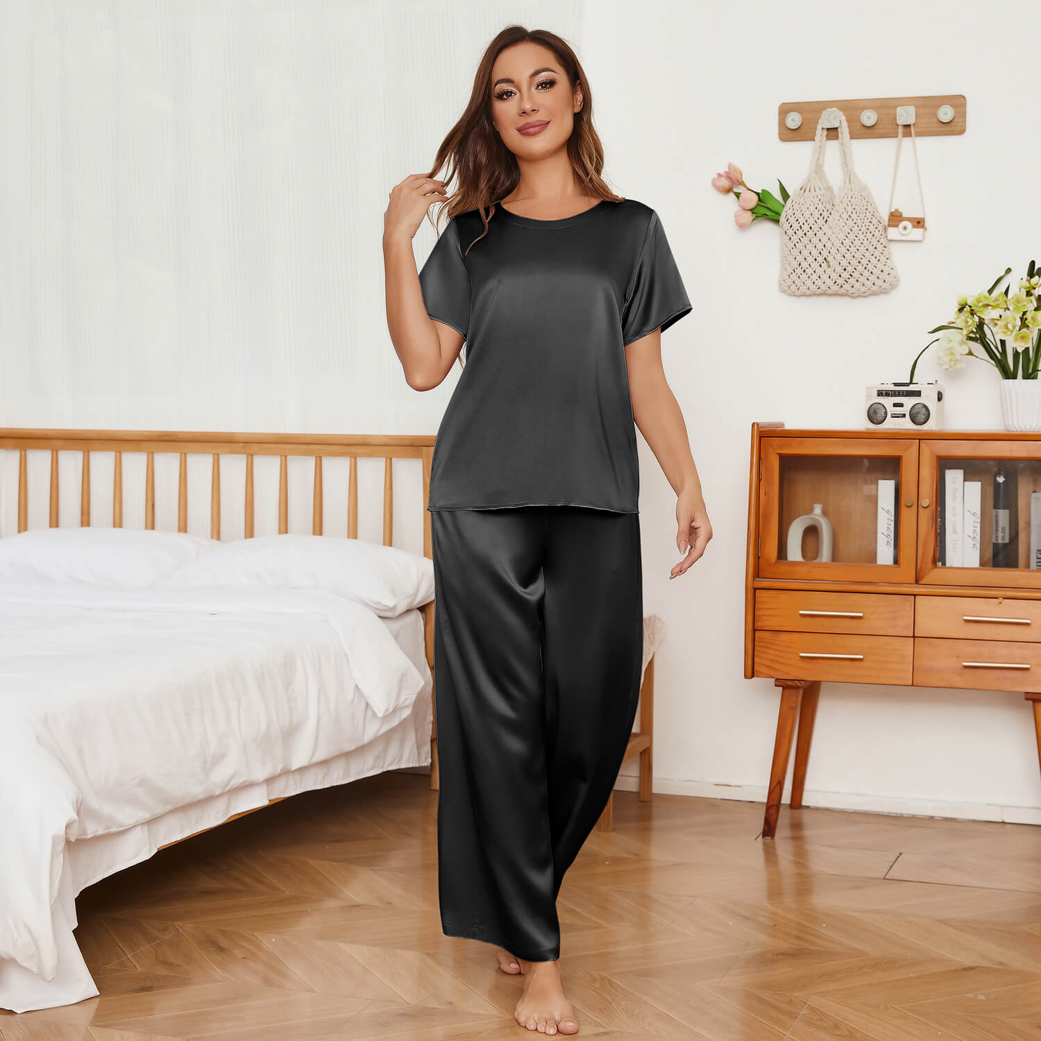 Short Sleeve Women's Silk Pajama Set With Wide Leg Pants