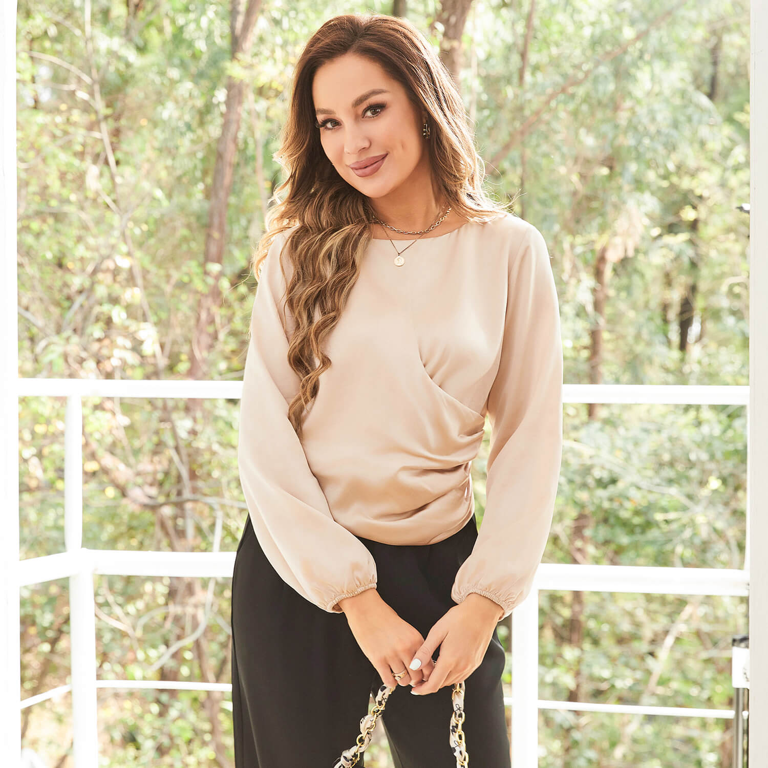 Women Silk Blouses Dressy Long Sleeve Pleated Silk Wrap Tops