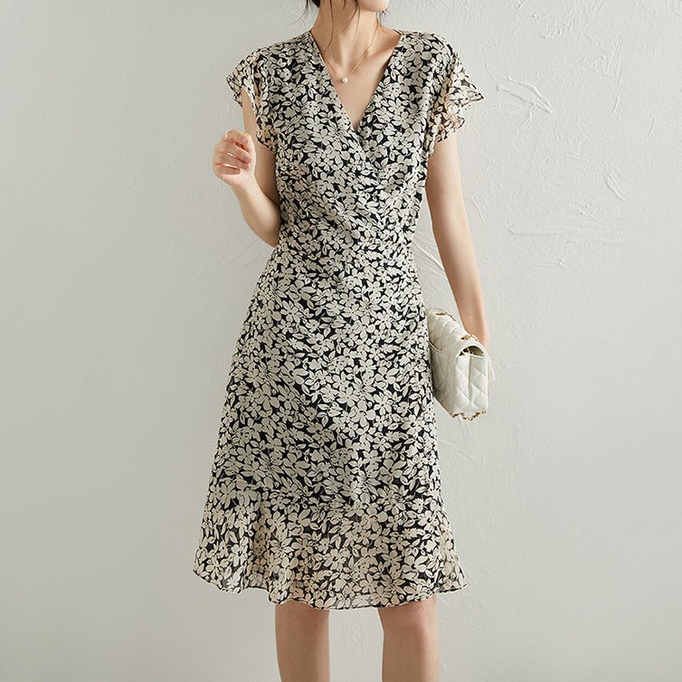 Silk Floral Dress for Women Silk Midi Dress Georgette Summer Dress Black XS