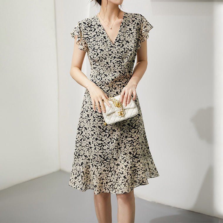 Silk Floral Dress for Women Silk Midi Dress Georgette Summer Dress Black XS