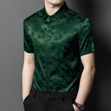 Silk Shirts for Men Short Sleeve Bamboo Jacquard Silk Dress Shirt
