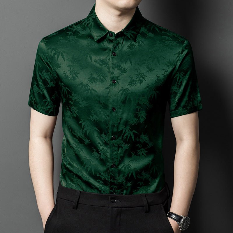 Silk Shirts for Men Short Sleeve Bamboo Jacquard Silk Dress Shirt