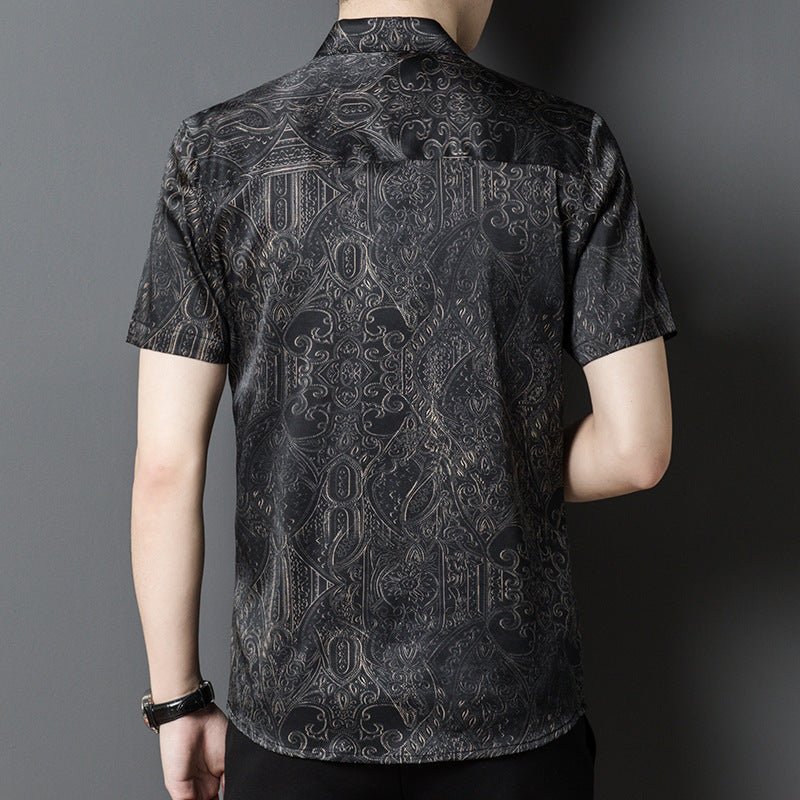 Silk Shirts for Men Short Sleeve Baroque Pattern Silk Dress Shirt