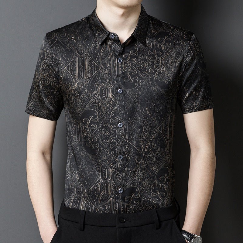 Silk Shirts for Men Short Sleeve Baroque Pattern Silk Dress Shirt