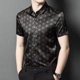 Silk Shirts for Men Short Sleeve Geometric Diamond Pattern Silk Dress Shirt