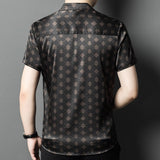 Silk Shirts for Men Short Sleeve Geometric Diamond Pattern Silk Dress Shirt