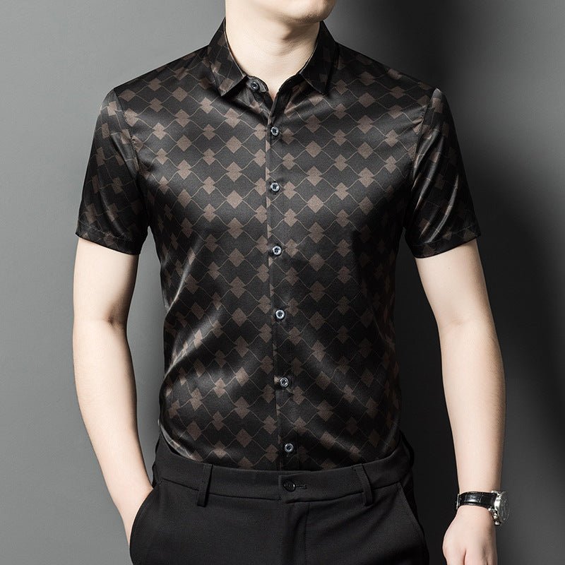 Silk Shirts for Men Short Sleeve Geometric Diamond Pattern Silk Dress Shirt