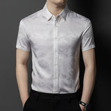 Silk Shirts for Men Short Sleeve Jacquard Silk Button Up Shirt