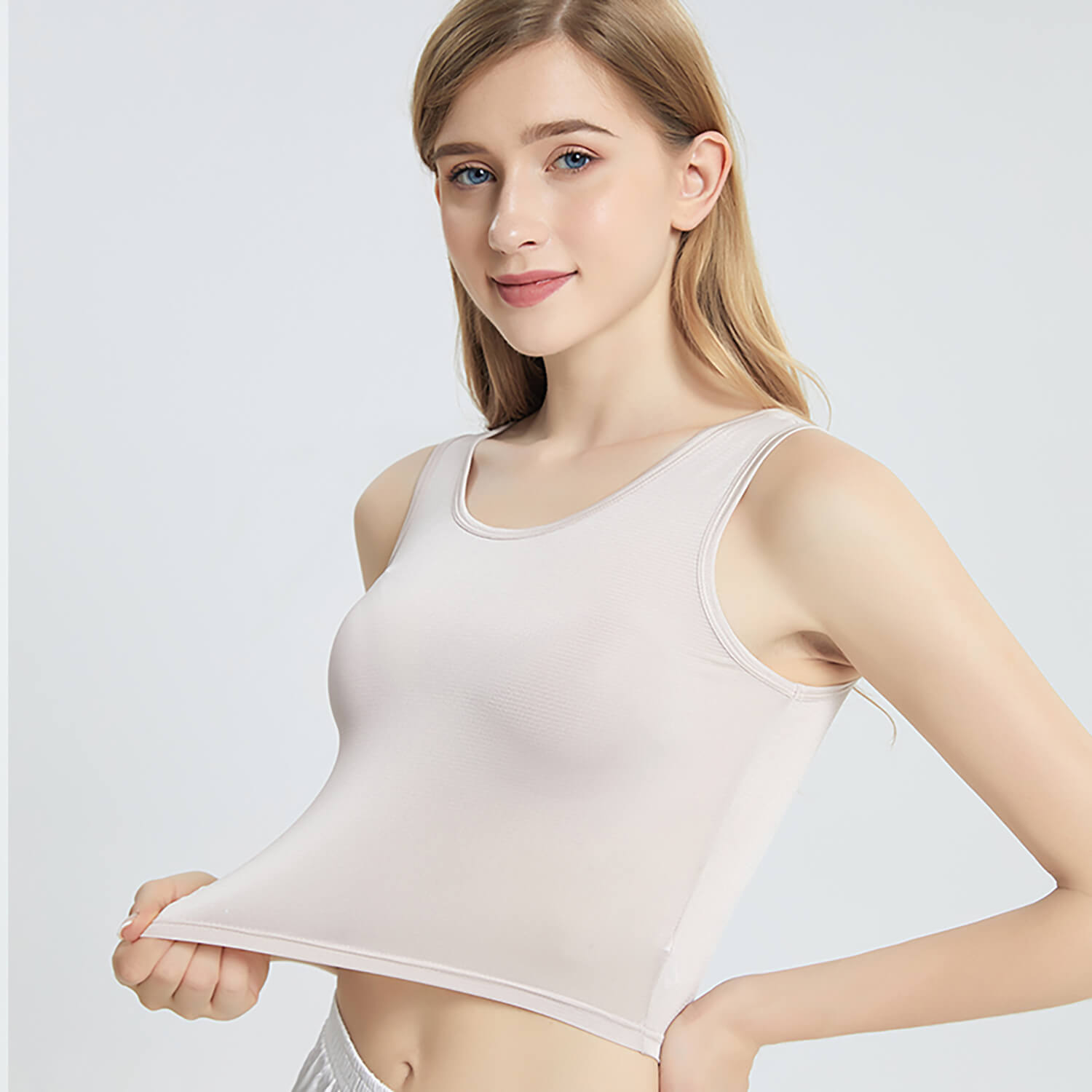 Summer Sleeveless Silk Vest Silk Knitted Bottoming Shirts Beige XS
