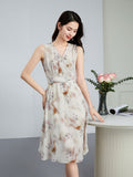 Sleeveless Silk Floral Dress Silk Midi Dress for Women Silk Wrap Dress Ivory XS