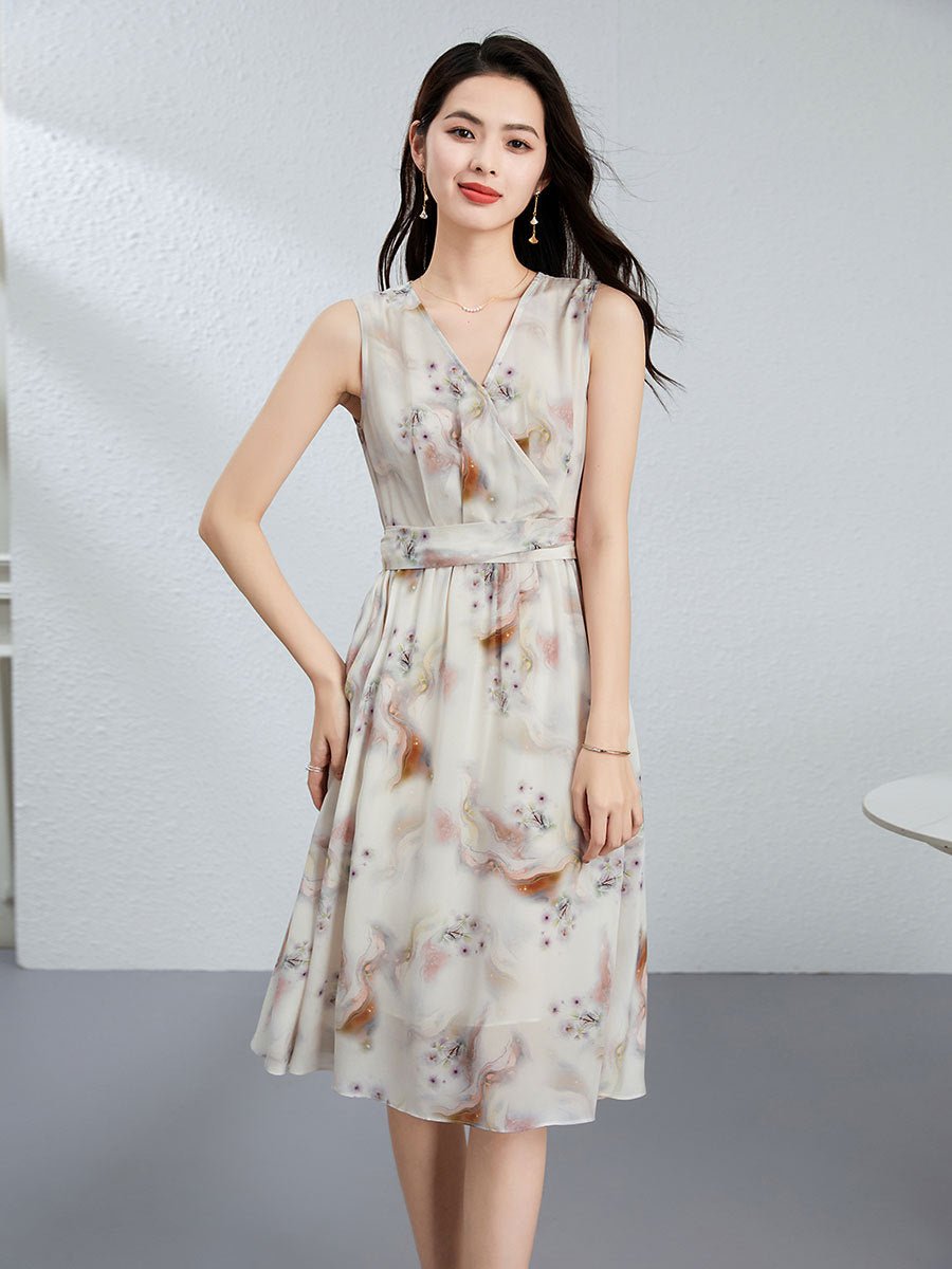 Sleeveless Silk Floral Dress Silk Midi Dress for Women Silk Wrap Dress Ivory XS