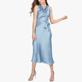 Womens Silk Sleeveless Dress Cowl Neck Silk Midi Dress Wedding Guest Dresses Haze Blue XS