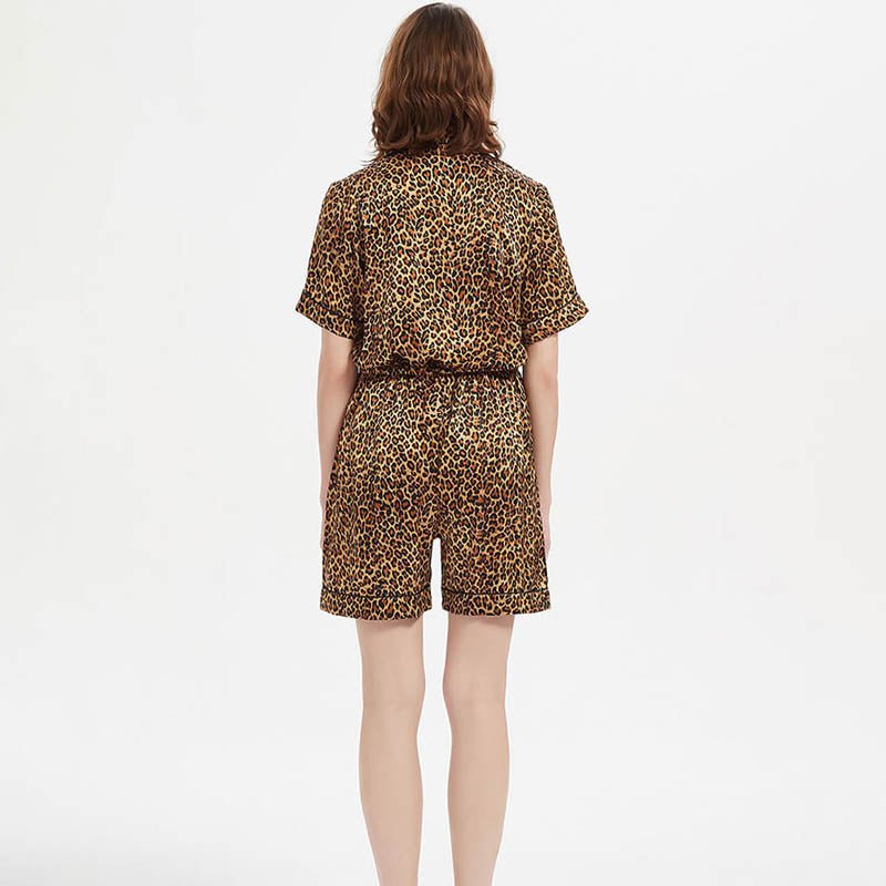 Two - piece Leopard Printed Silk Pajama Shorts Set