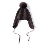 Unisex Cashmere Earflap Hat with Pom - Pom Cashmere Beanie with Tie