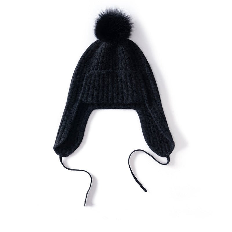 Unisex Cashmere Earflap Hat with Pom - Pom Cashmere Beanie with Tie