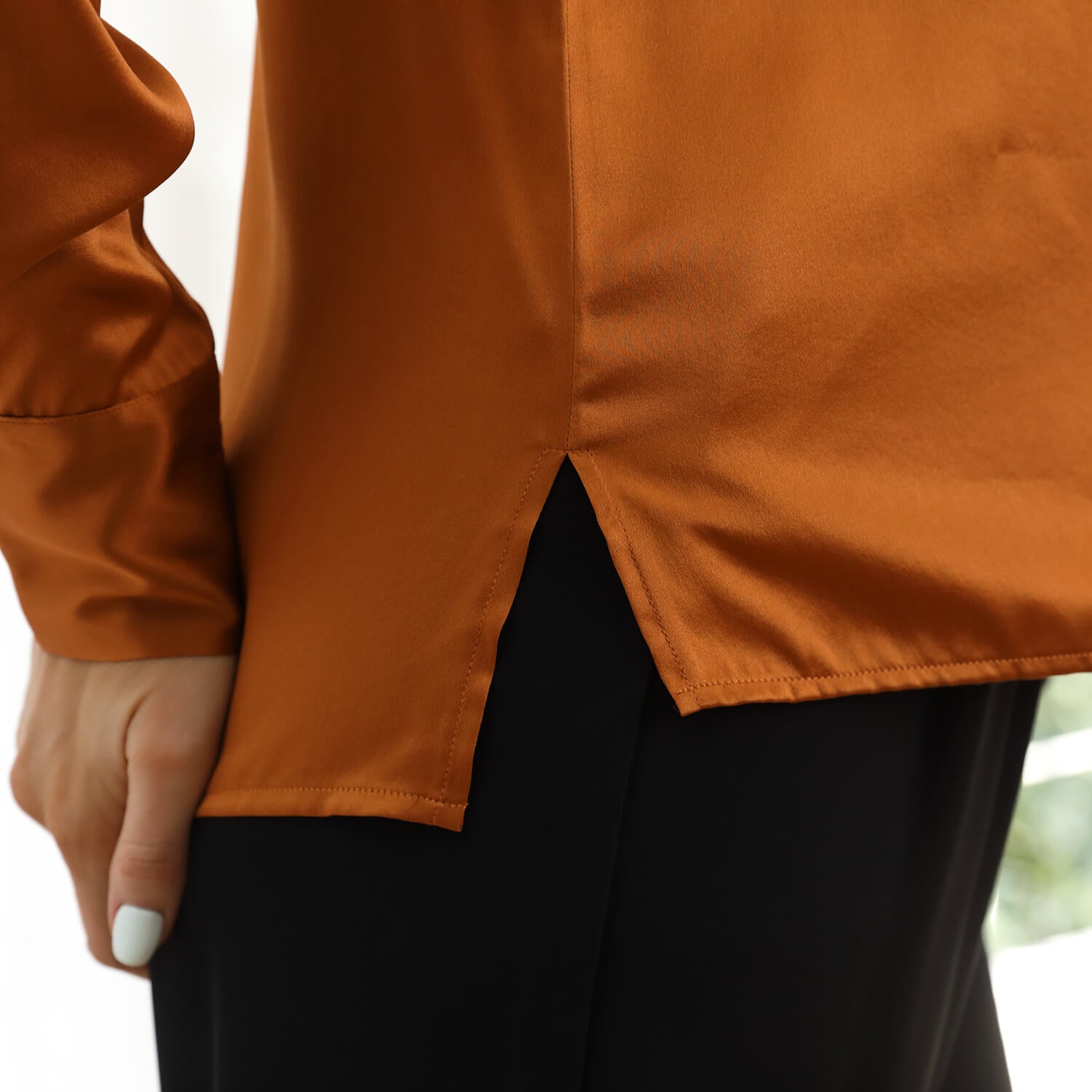 V Neck & Ribbon Silk Blouse For Women Long Sleeves Silk Shirt