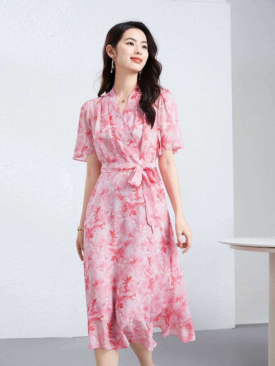V Neck Silk Midi Dress with Waist Tie Floral Silk Wrap Dress for Women Pink XS
