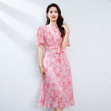 V Neck Silk Midi Dress with Waist Tie Floral Silk Wrap Dress for Women Pink XS