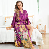 Women Luxury Long 100% Mulberry Vintage Floral Print Silk Kimono Robe
