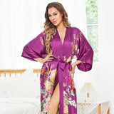 Women Luxury Long 100% Mulberry Vintage Floral Print Silk Kimono Robe