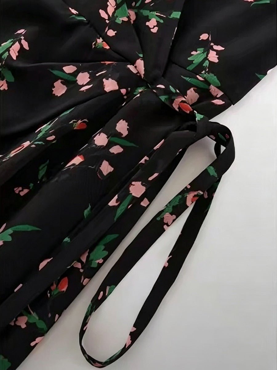 Vintage Womens Silk Midi Dress Silk Floral Dress V - Neck Silk Wrap Dress Black XS