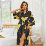 Women 100% Silk Robe Ginkgo Leaf Print Silk Kimono Robes