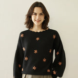 Women Scalloped Neck Cashmere Sweater Floral Embroidery Tops