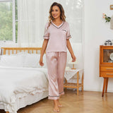 Women Short Sleeve Silk Pajama Sets 100% V Neck Silk Pjs