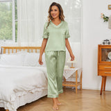 Women Short Sleeve Silk Pajama Sets 100% V Neck Silk Pjs