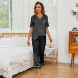 Women Short Sleeve Silk Pajama Sets 100% V Neck Silk Pjs