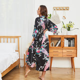 Women Silk Kimono Hand Painted Peacock & Flowers Nightwear