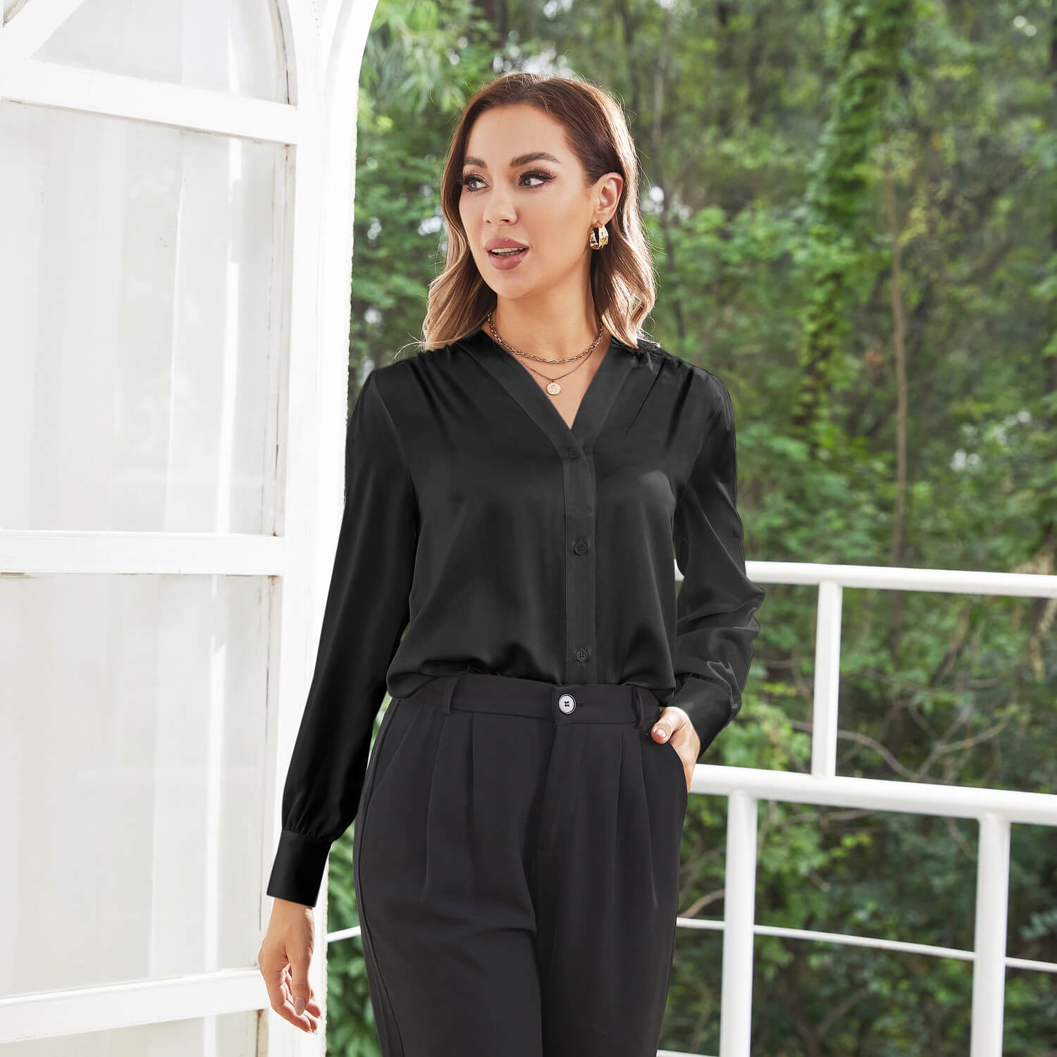 Women V Neck Silk Blouse Long Sleeves Office Work Silk Shirts