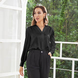 Women V Neck Silk Blouse Long Sleeves Office Work Silk Shirts