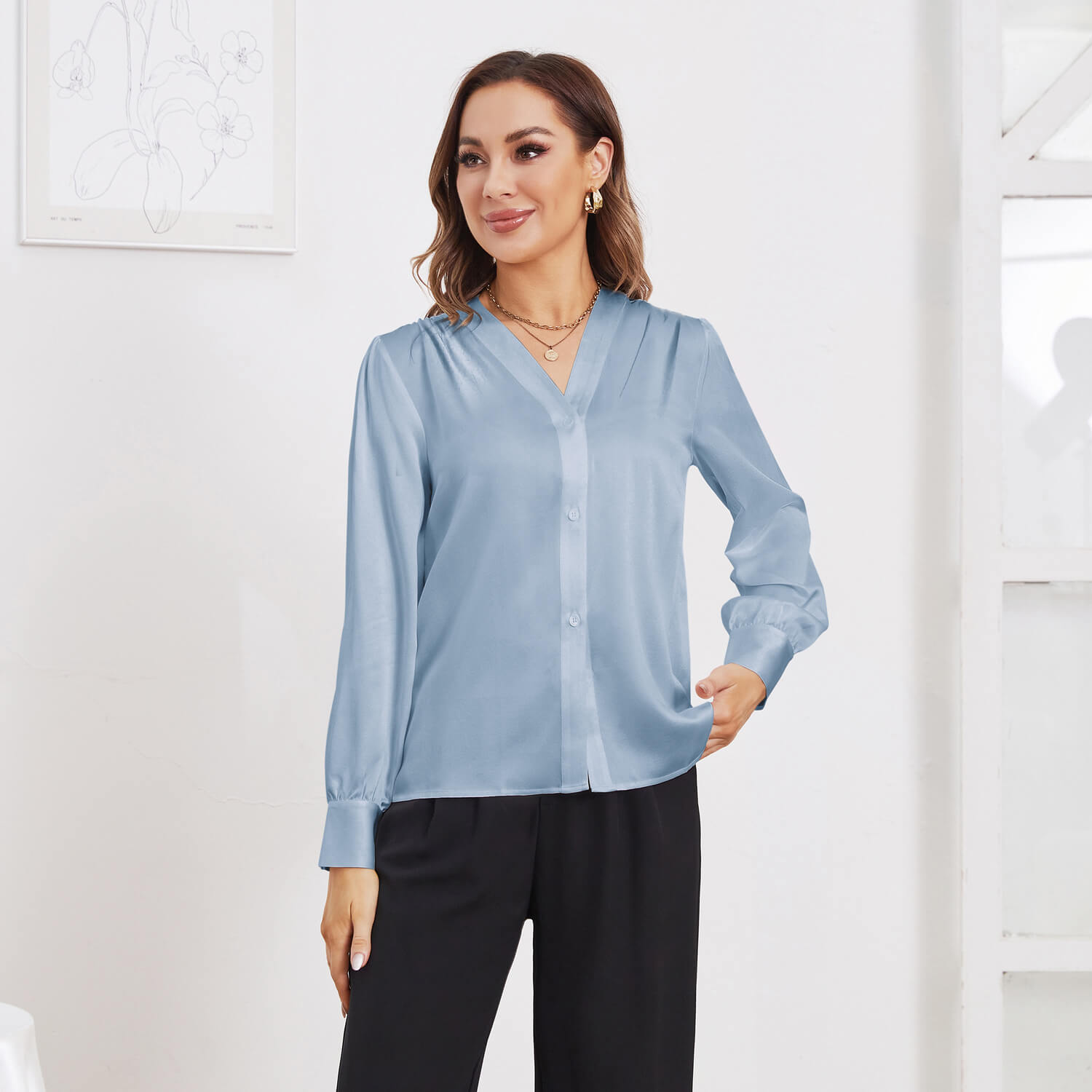 Women V Neck Silk Blouse Long Sleeves Office Work Silk Shirts