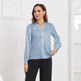Women V Neck Silk Blouse Long Sleeves Office Work Silk Shirts