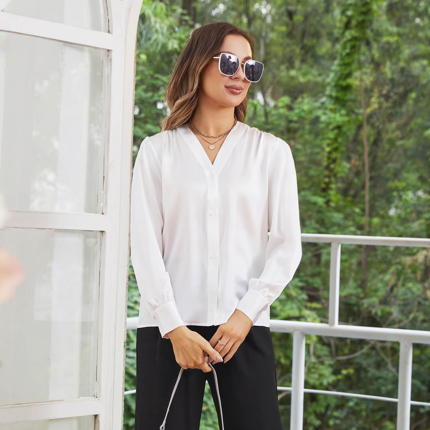 Women V Neck Silk Blouse Long Sleeves Office Work Silk Shirts