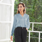 Women V Neck Silk Blouse Long Sleeves Office Work Silk Shirts