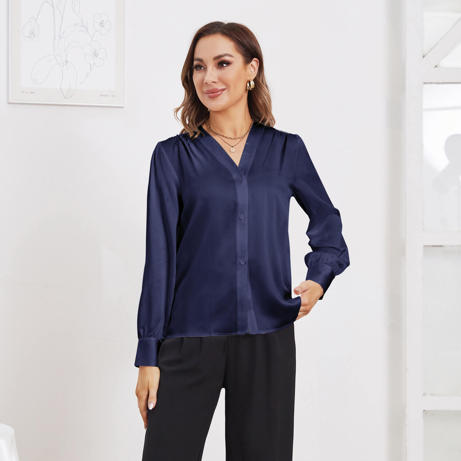 Women V Neck Silk Blouse Long Sleeves Office Work Silk Shirts