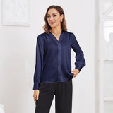 Women V Neck Silk Blouse Long Sleeves Office Work Silk Shirts