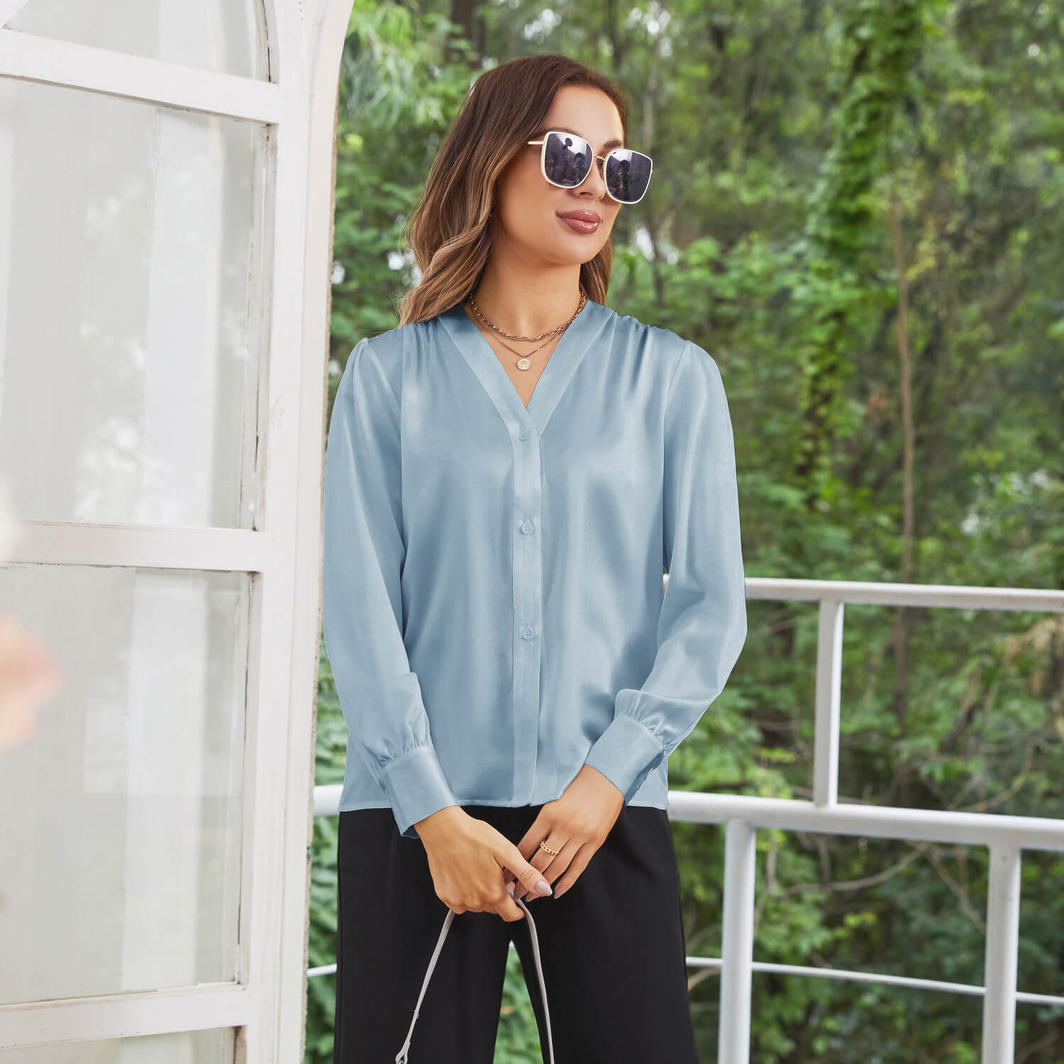 Women V Neck Silk Blouse Long Sleeves Office Work Silk Shirts