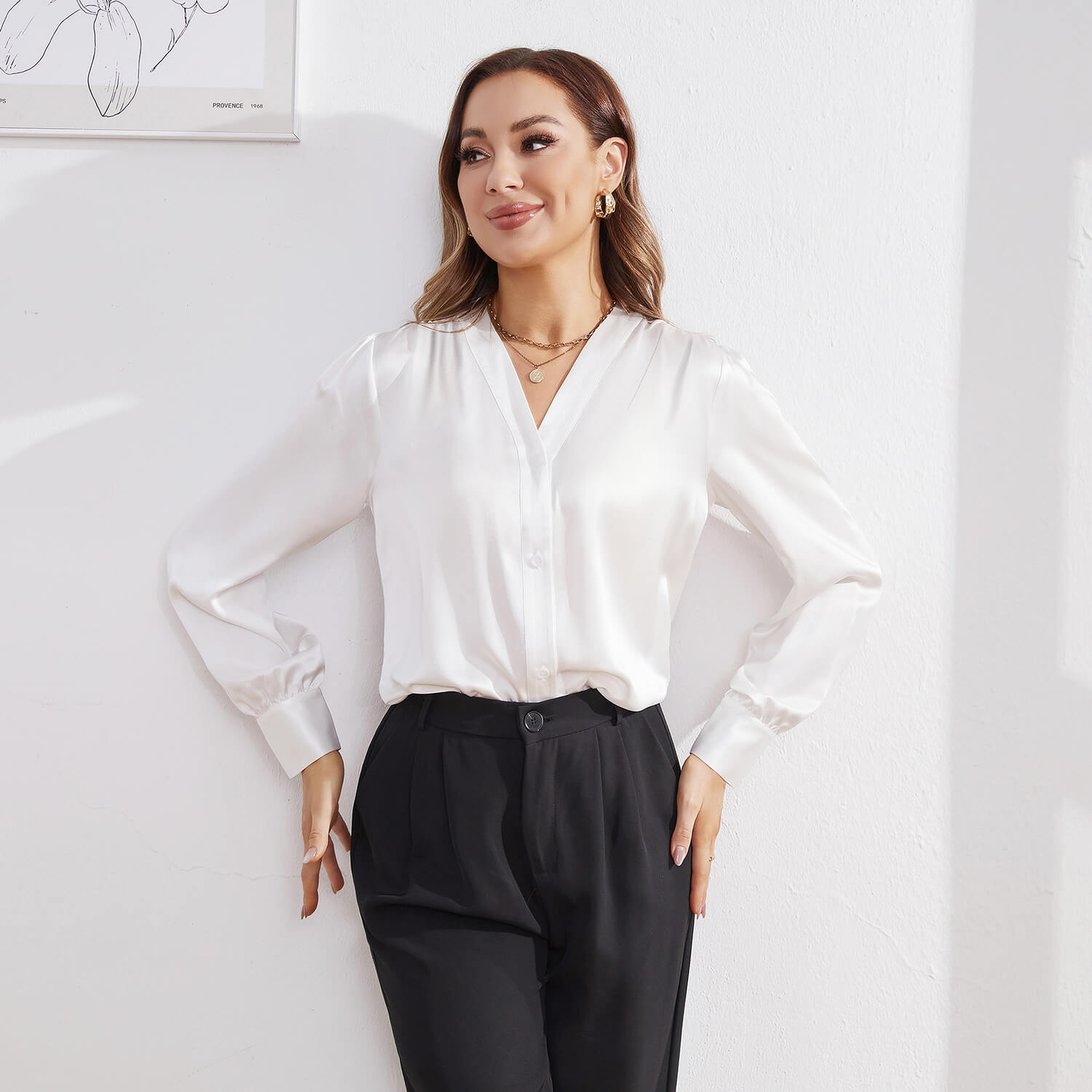 Women V Neck Silk Blouse Long Sleeves Office Work Silk Shirts