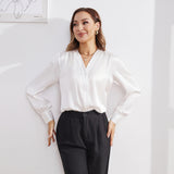 Women V Neck Silk Blouse Long Sleeves Office Work Silk Shirts