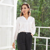 Women V Neck Silk Blouse Long Sleeves Office Work Silk Shirts