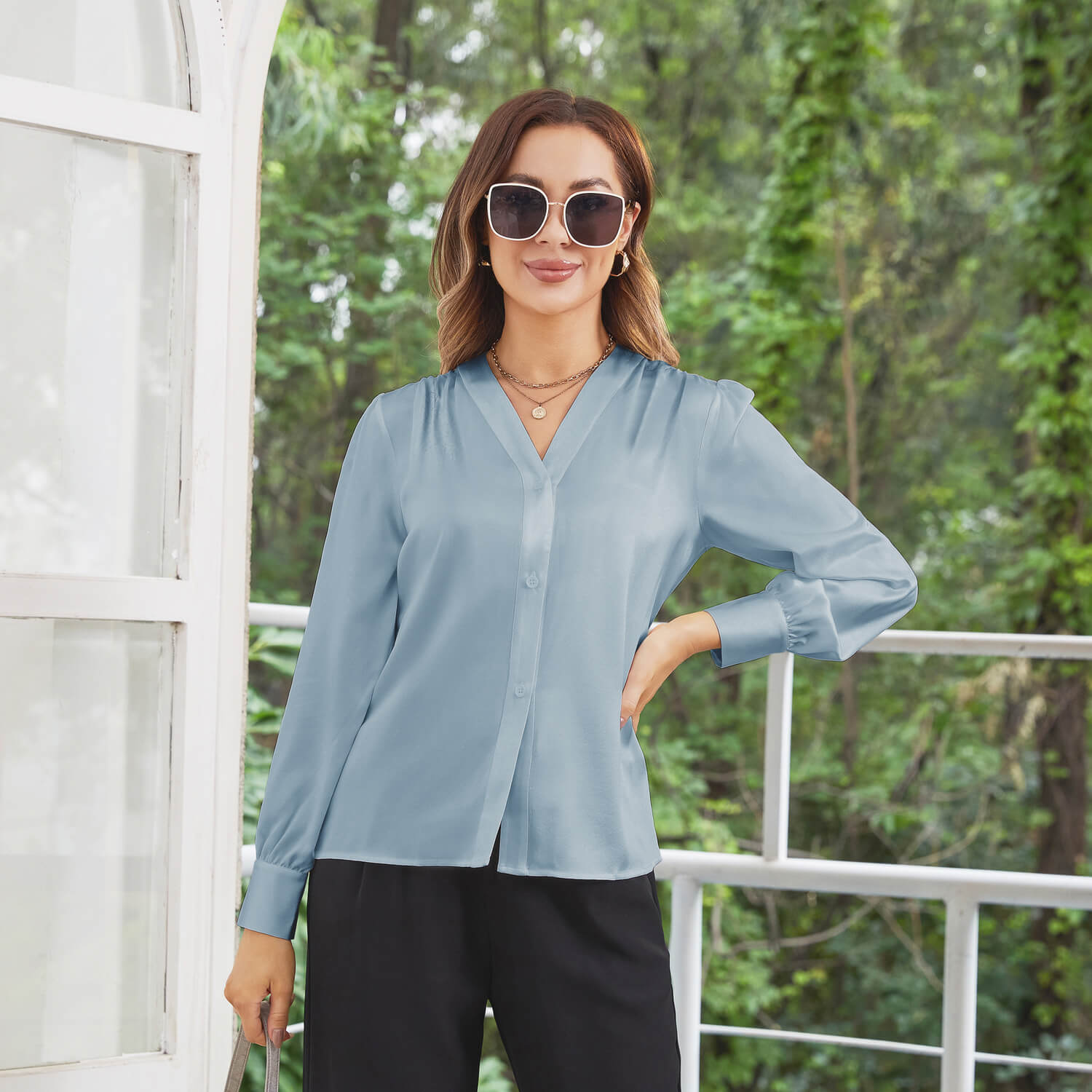 Women V Neck Silk Blouse Long Sleeves Office Work Silk Shirts